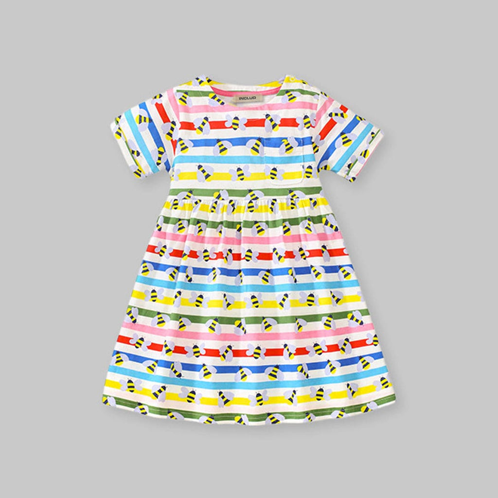 Girls Short Sleeve Multistriped Flared Dress Casual Dresses   