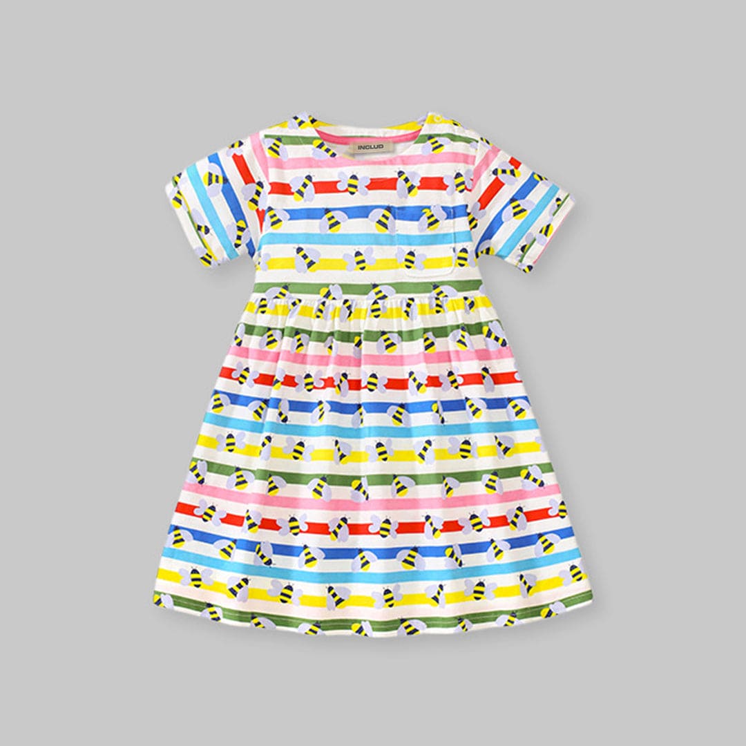 Girls Short Sleeve Multistriped Flared Dress Casual Dresses   