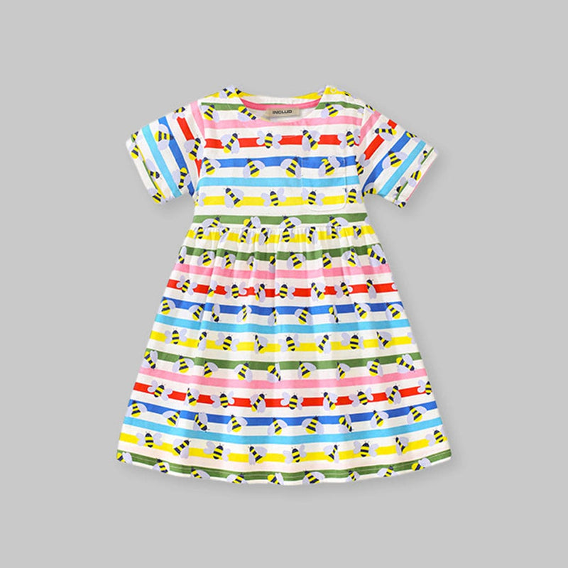 Girls Short Sleeve Multistriped Flared Dress Casual Dresses   