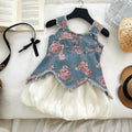 Girls Blue Floral Print Denim Frayed Peplum Top With Shorts Sets 2 pc. Sets Blue 1-2 Y