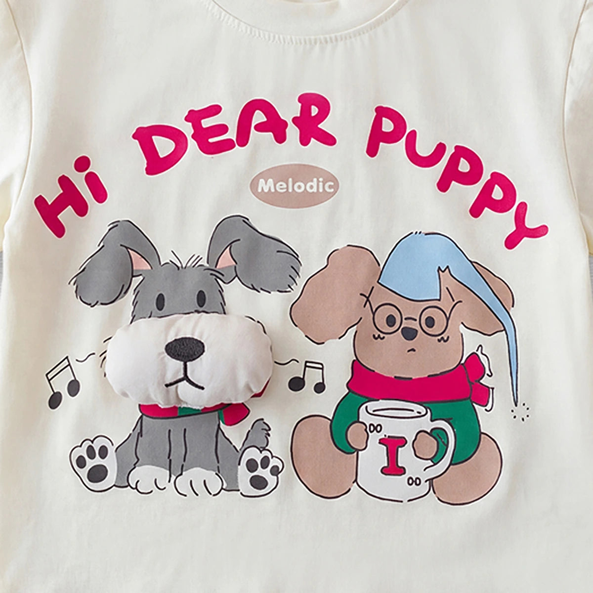 Girls Off White Short Sleeve Puppy Print T-Shirt Tshirts