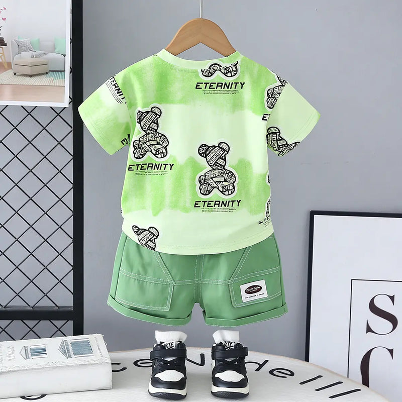 Boys Green Teddy Bear Graphic T-Shirt With Elasticated Shorts Sets Sets