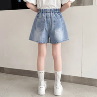 Girls Light Blue Bow Applique Loose Fit Denim Shorts Shorts