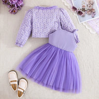 Girls Purple Bow Fit & Flare Dress With Floral Self Design Long Sleeves Crop Jacket Casual Dresses