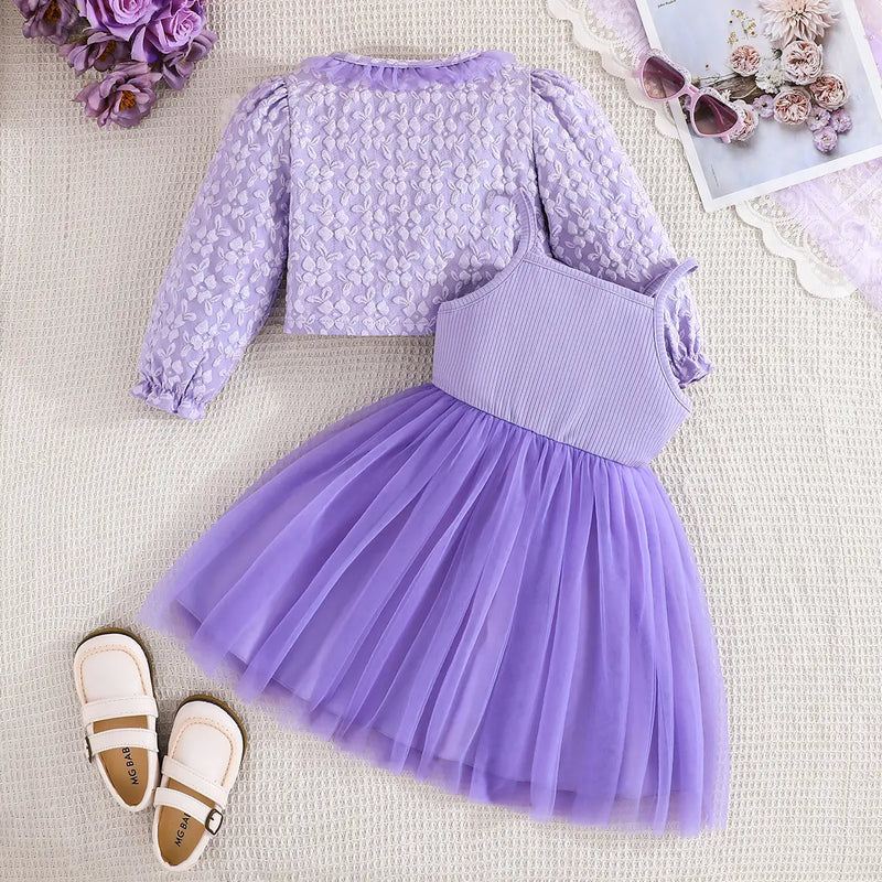 Girls Purple Bow Fit & Flare Dress With Floral Self Design Long Sleeves Crop Jacket Casual Dresses