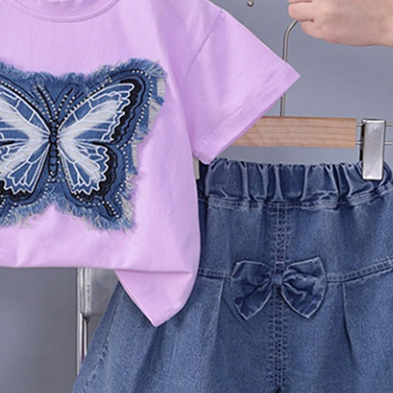 Girls Purple Butterfly Applique T-Shirt With Pleated Denim Shorts Set Sets