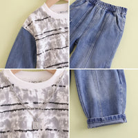 Boys Grey Striped Sweatshirt With Denim Pants Sets 2 pc. Sets