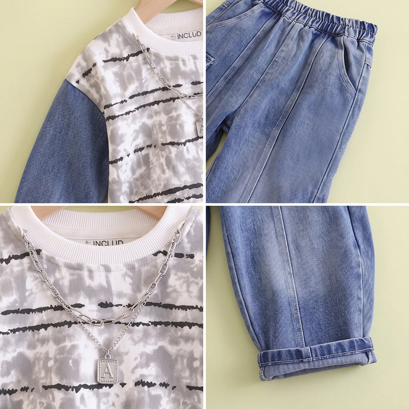 Boys Grey Striped Sweatshirt With Denim Pants Sets 2 pc. Sets