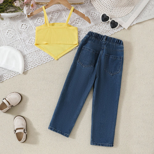 Girls Yellow Crop Top With Distressed Smiley Printed Denim Pants Set Sets