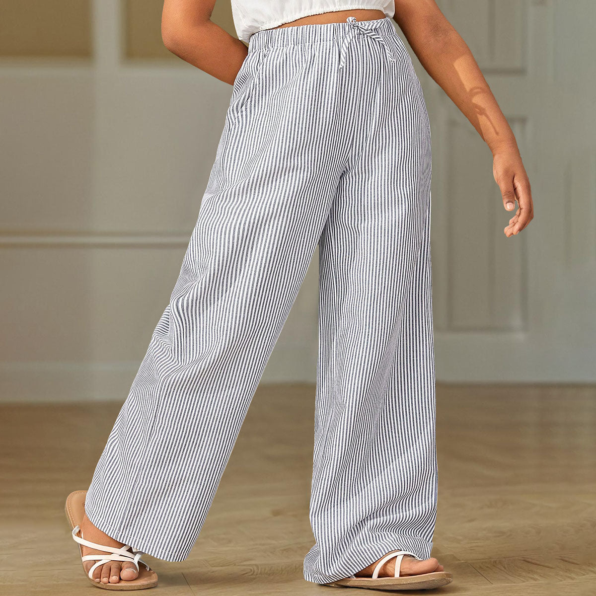 Girls Blue Striped Straight Legs Pants Pants