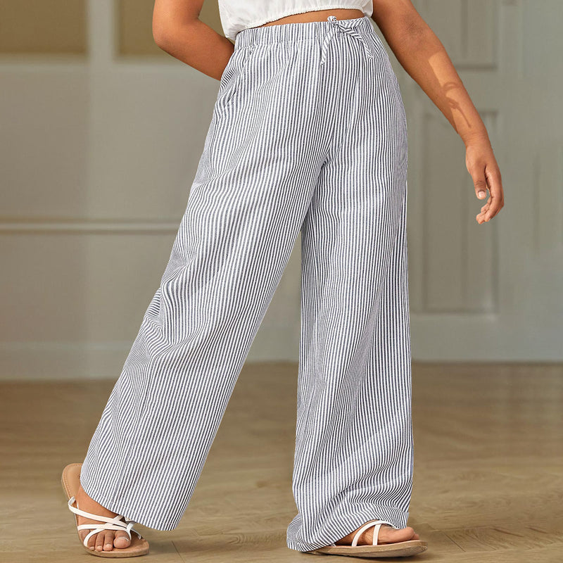 Girls Blue Striped Straight Legs Pants Pants