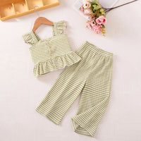 Girls Green Stripes Sleeveless Top With Pants Co-ord Sets Sets Green 1-2 Y