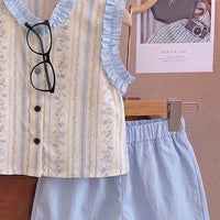 Girls Light Blue Floral Print Sleeveless Top With Elasticated Shorts Sets 2 pc. Sets