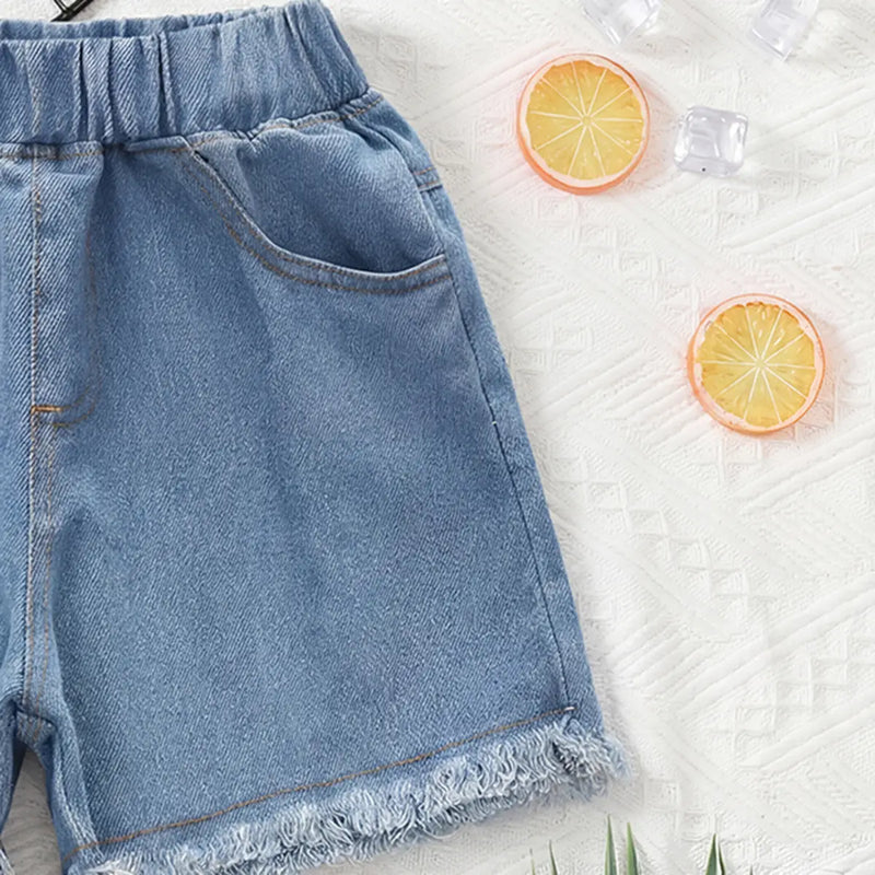 Girls Blue Solid Denim Shorts With Elasticated Waistband Shorts