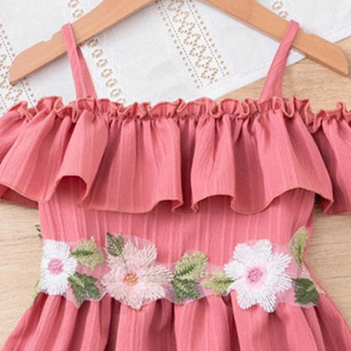 Girls Pink Off Shoulder Fit & Flare Dress With Embroidered Waistline Casual Dresses