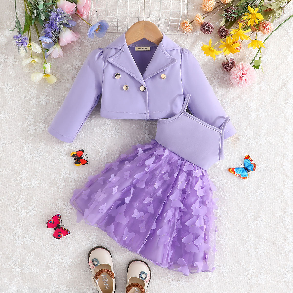 Girls Purple Solid Blazer Shrug With Butterfly Applique Tulle Overlay Fit And Flared Dress Casual Dresses Purple 1-2 Y