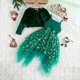 Girls Green Embroidered Tulle Overlay Fit & Flare Dress With Shrug