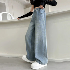Girls Light Blue Relaxed Fit Wide-Leg Denim Jeans Pants