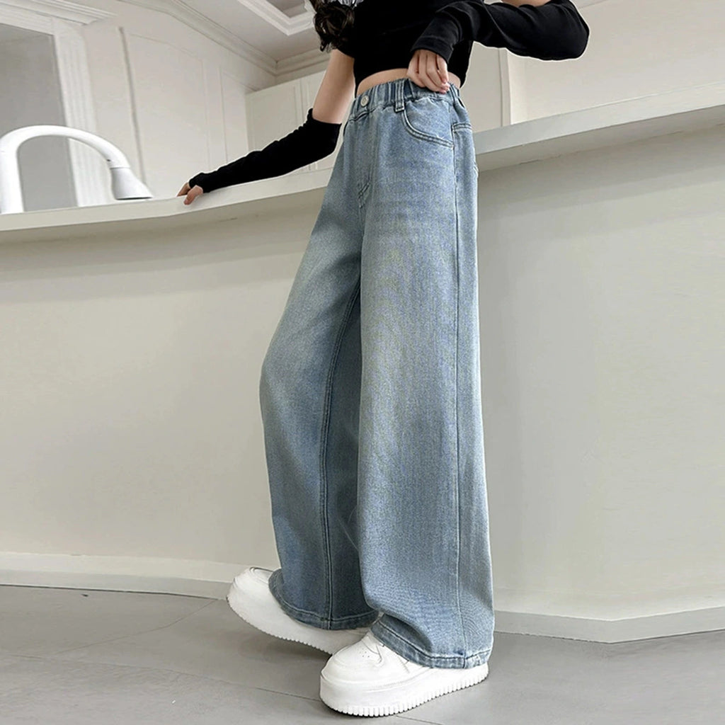 Girls Light Blue Relaxed Fit Wide-Leg Denim Jeans Pants