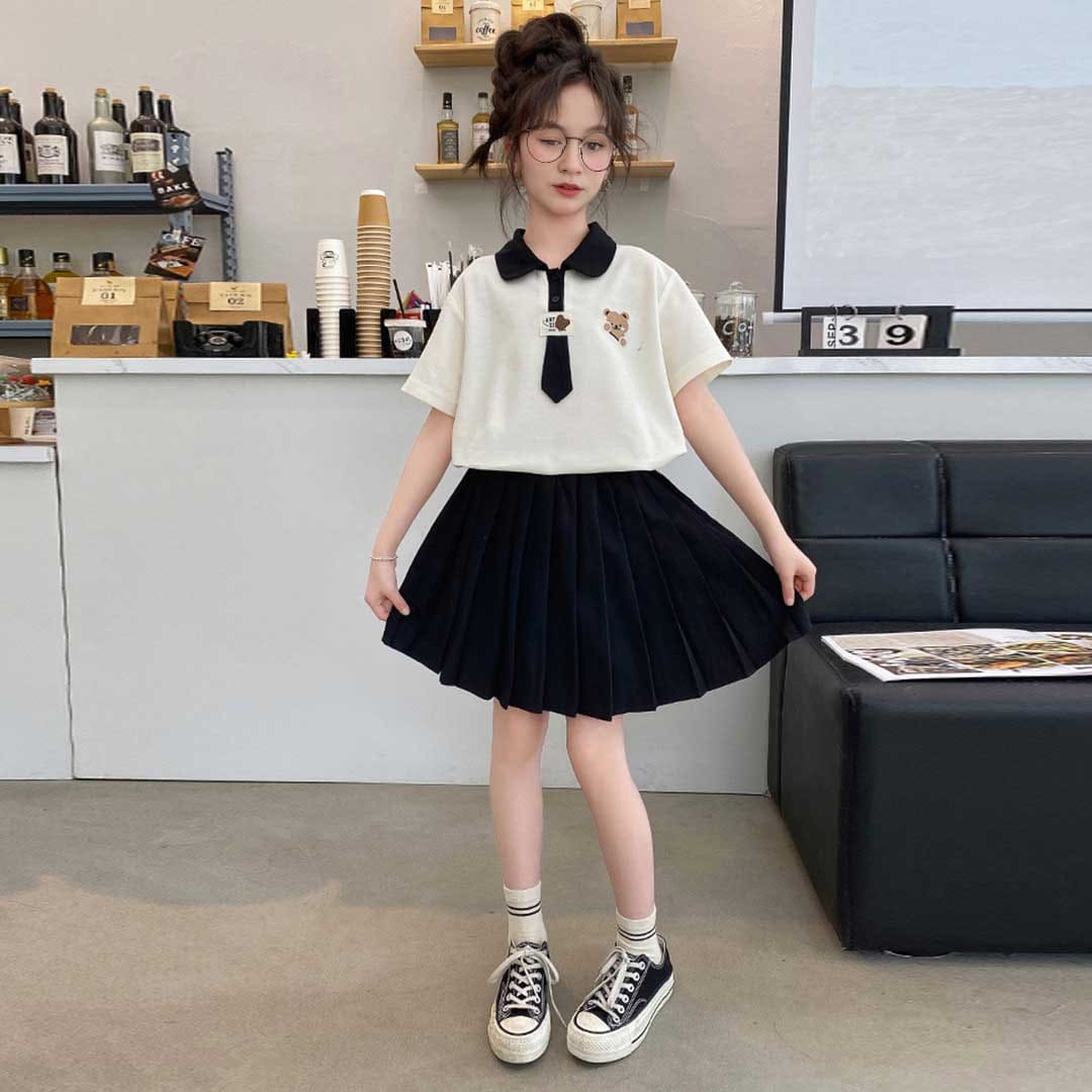Girls Short Sleeve Polo T-Shirt With Pleated Skirt Set Sets   