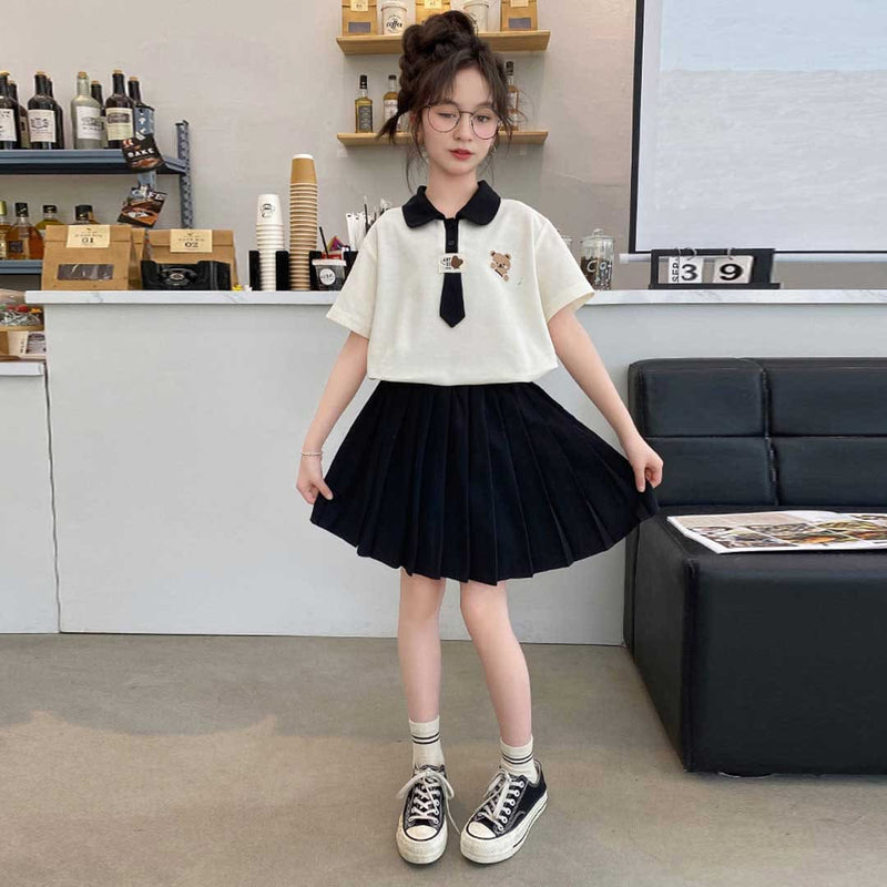 Girls Short Sleeve Polo T-Shirt With Pleated Skirt Set Sets   
