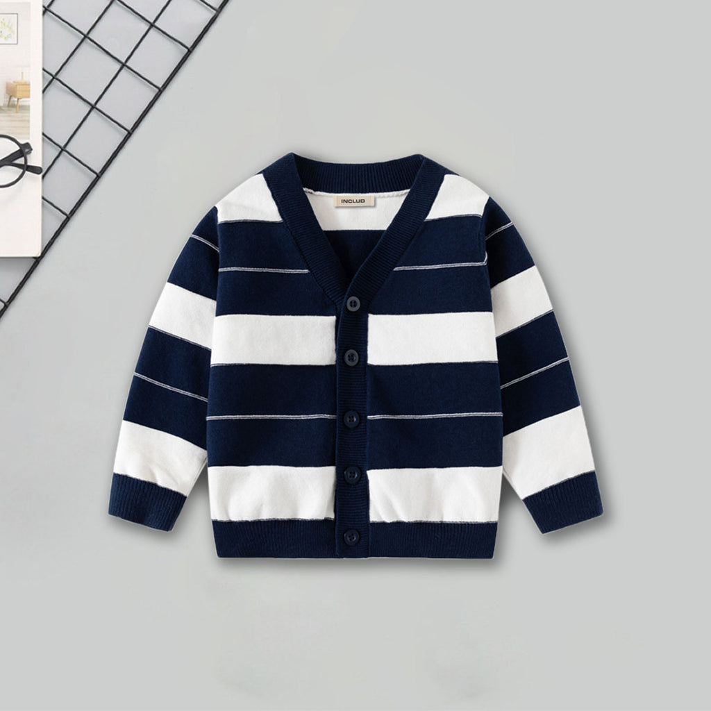 Boys Navy Blue Cardigan With Self-Design Stripe Patterns Sweaters & Cardigans Navy Blue 2-3 Y