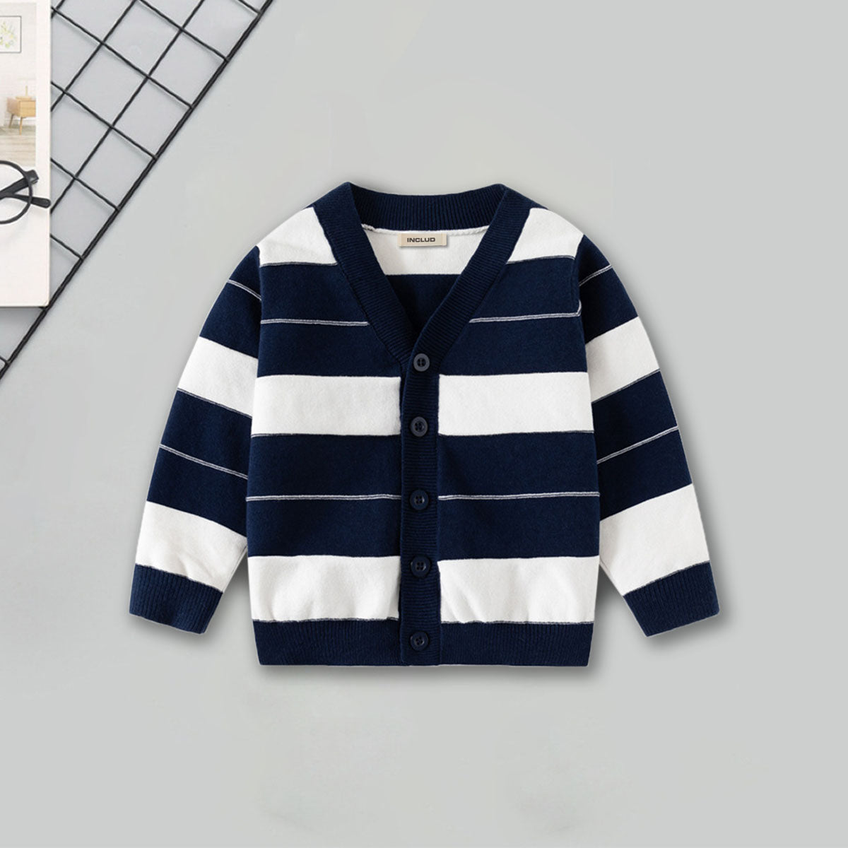 Boys Navy Blue Cardigan With Self-Design Stripe Patterns Sweaters & Cardigans Navy Blue 2-3 Y