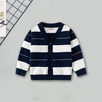 Boys Navy Blue Cardigan With Self-Design Stripe Patterns Sweaters & Cardigans Navy Blue 2-3 Y