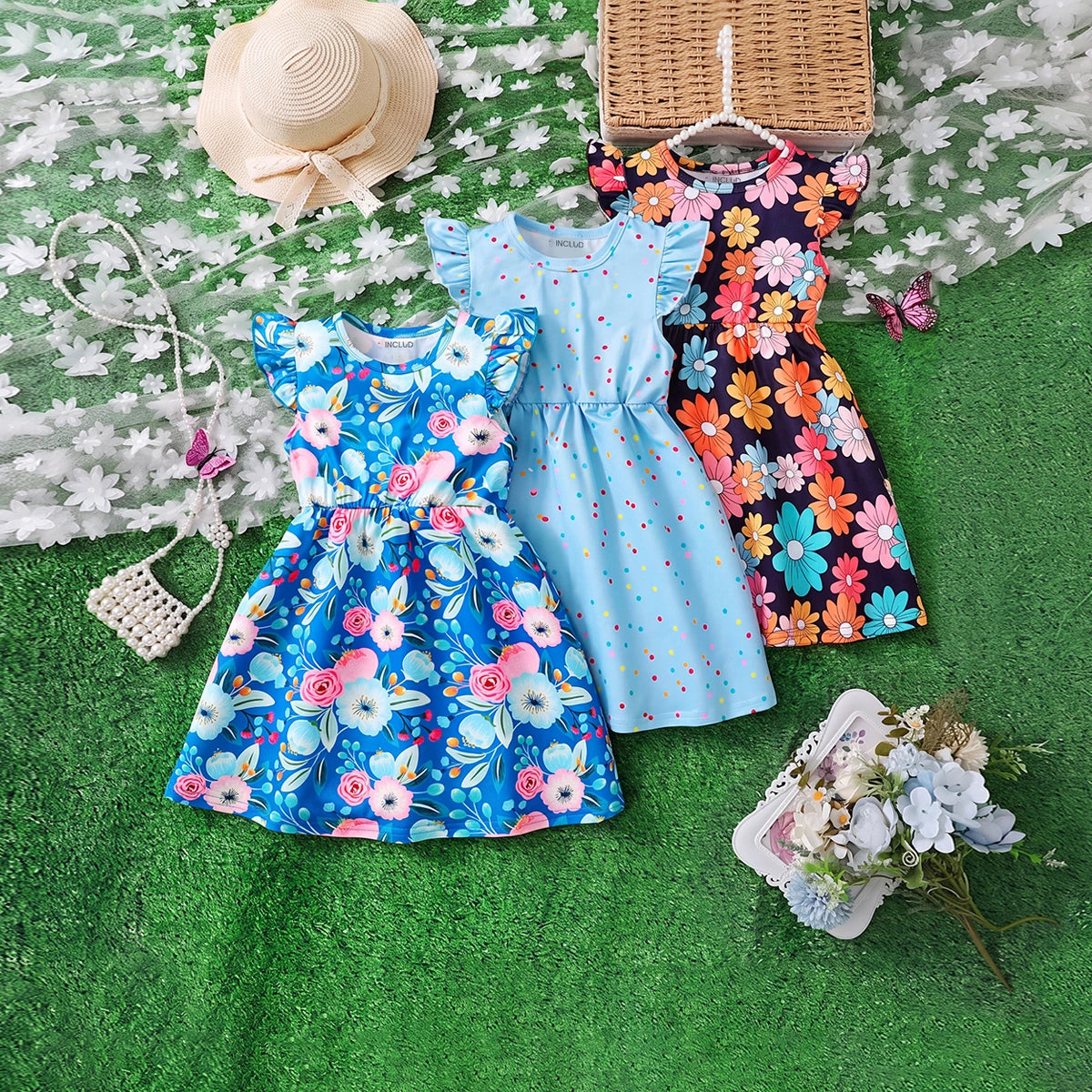 Girls Multicolour Floral Print Flutter Sleeve Fit & Flare Dress Pack Of 3 Casual Dresses Multicolor 3-4 Y
