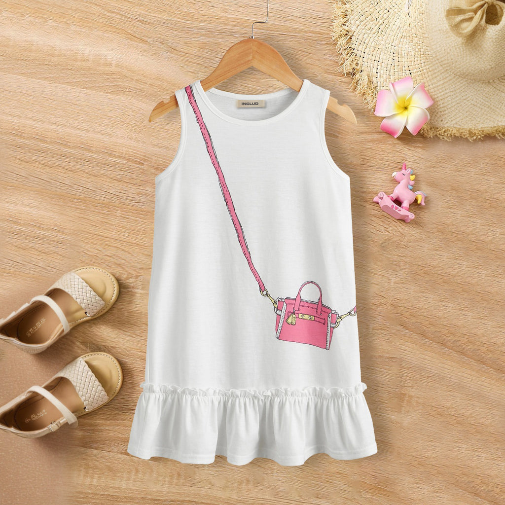 Girls White Sleeveless Round Neck A-Line Dress Casual Dresses White 3-4 Y