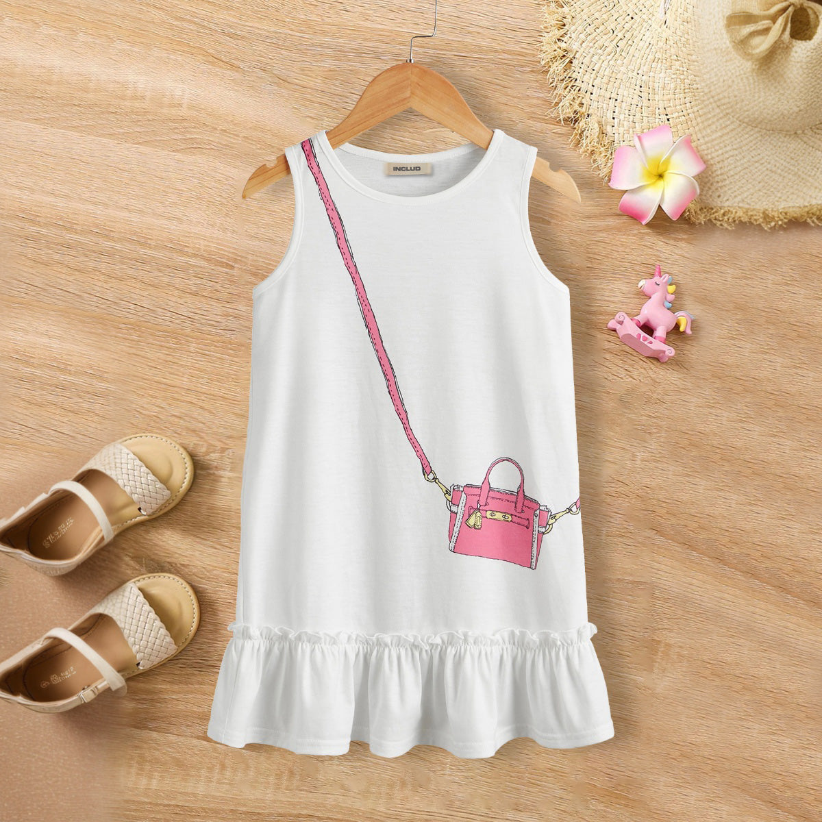 Girls White Sleeveless Round Neck A-Line Dress Casual Dresses White 3-4 Y