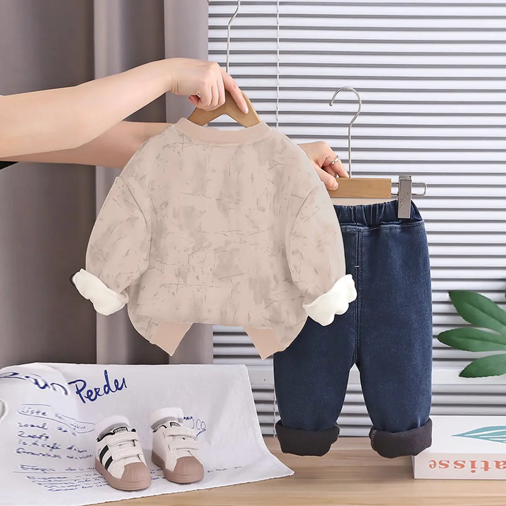 Boys Khaki Abstract Printed Sweatshirt With Denim Pants Set Sets