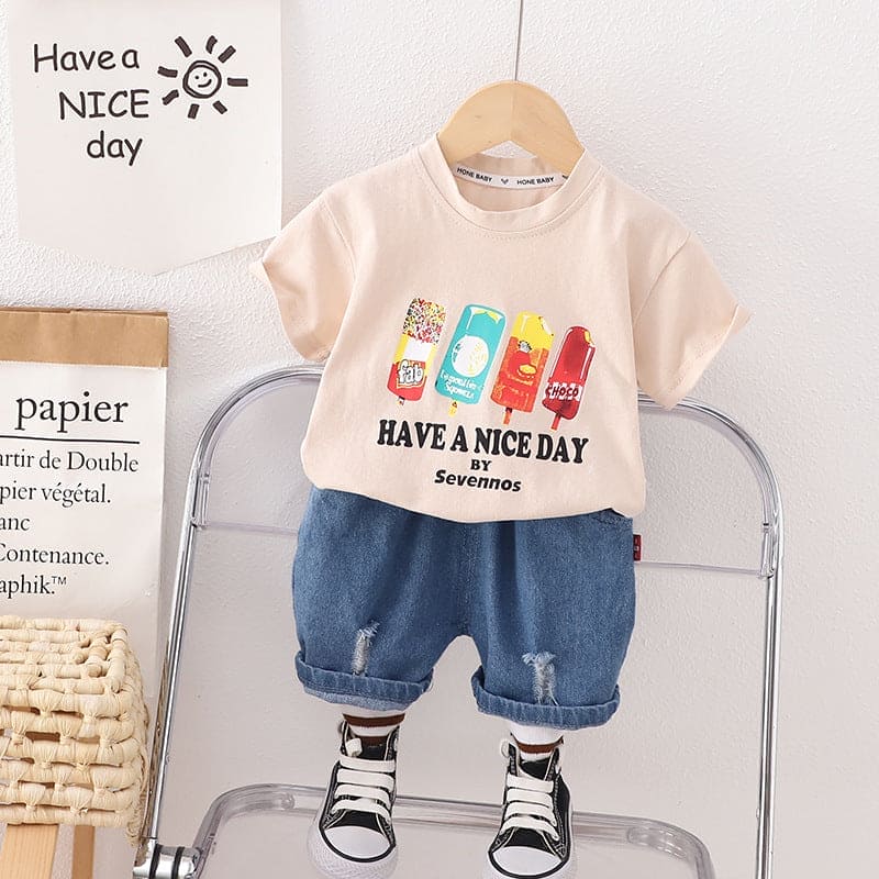 Boys Beige Graphic Printed T-shirt with Denim Bermuda Sets Beige 1-2 Y 