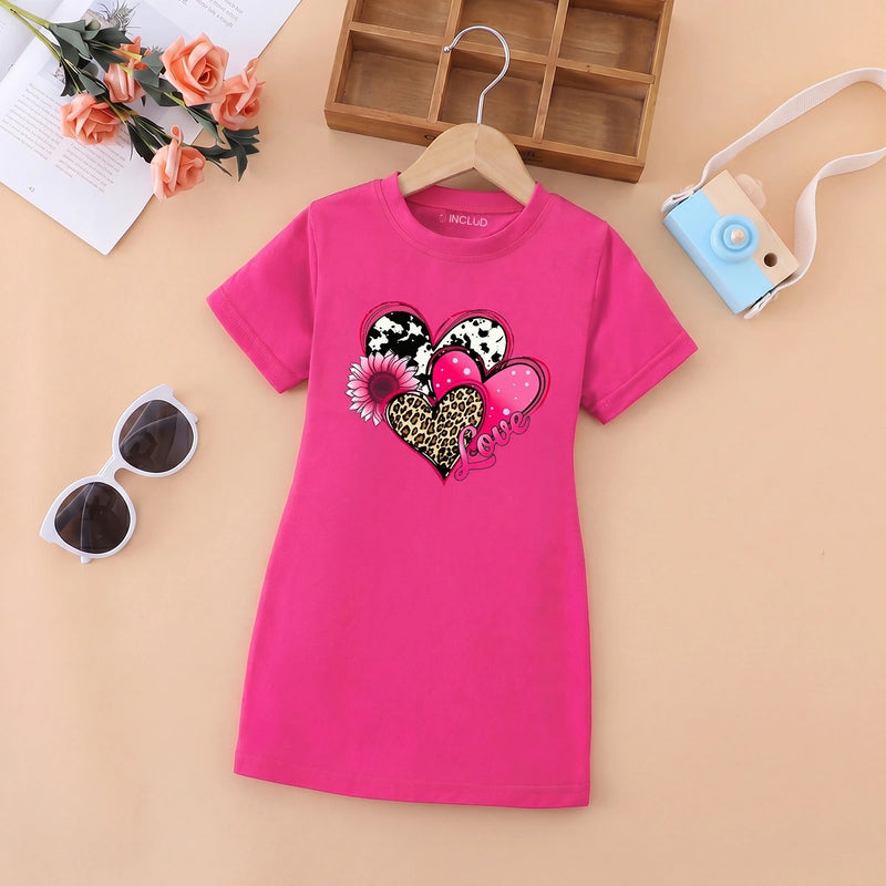 Girls Fuchsia Heart Print Short Sleeve T-Shirt Dress Casual Dresses Fuchsia 4-5 Y