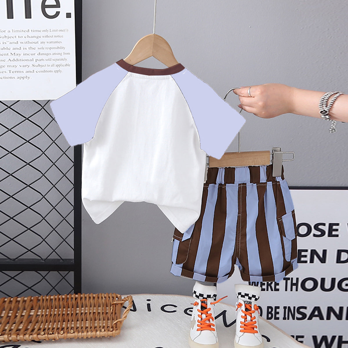 Boys Light Blue Elephant Printed Raglan Sleeves T-Shirt With Striped Shorts Set 2 pc. Sets
