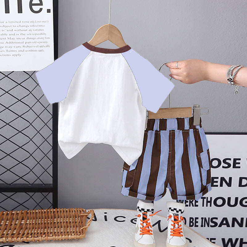 Boys Light Blue Elephant Printed Raglan Sleeves T-Shirt With Striped Shorts Set 2 pc. Sets