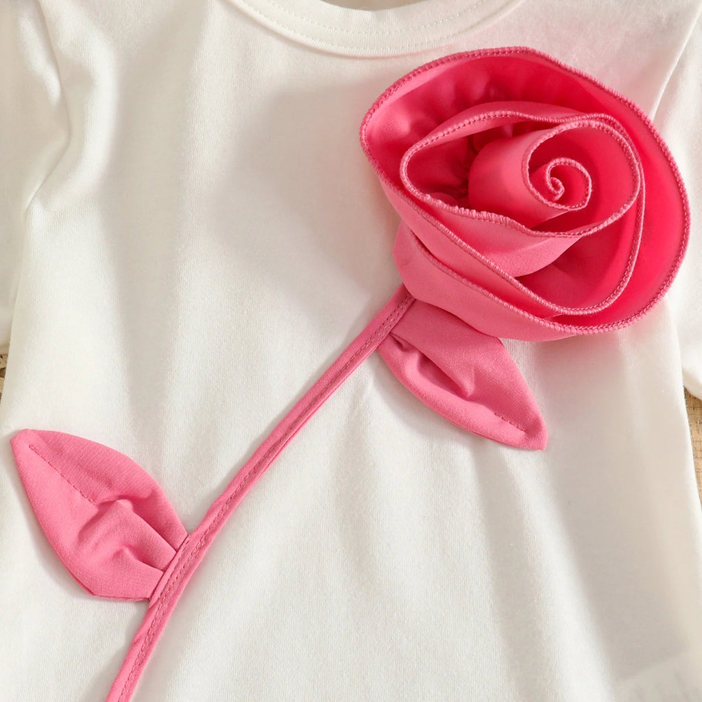 Girls 3D Rose Applique T-Shirt With Pink Skort Sets Sets