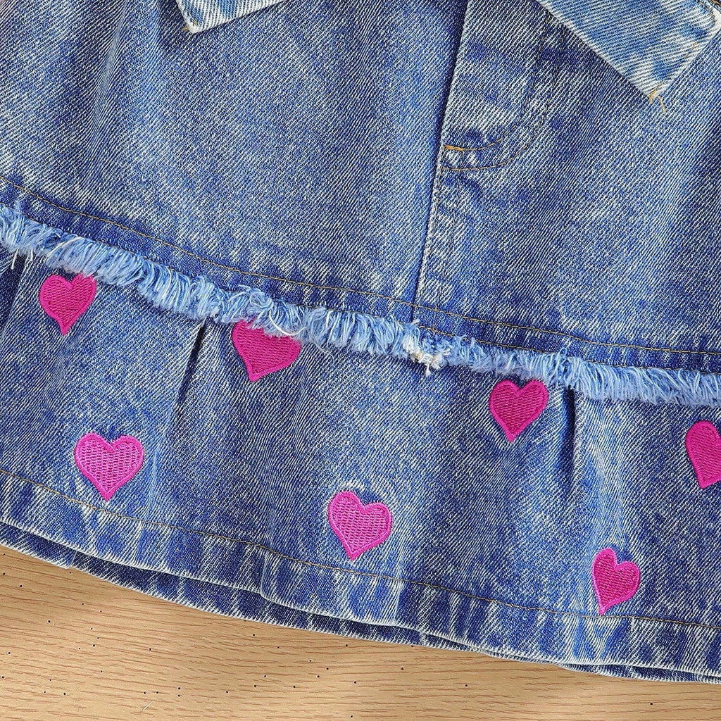 Girls Fuchsia Sleeveless Top With Heart Embroidery Denim Skirt Set 2 pc. Sets