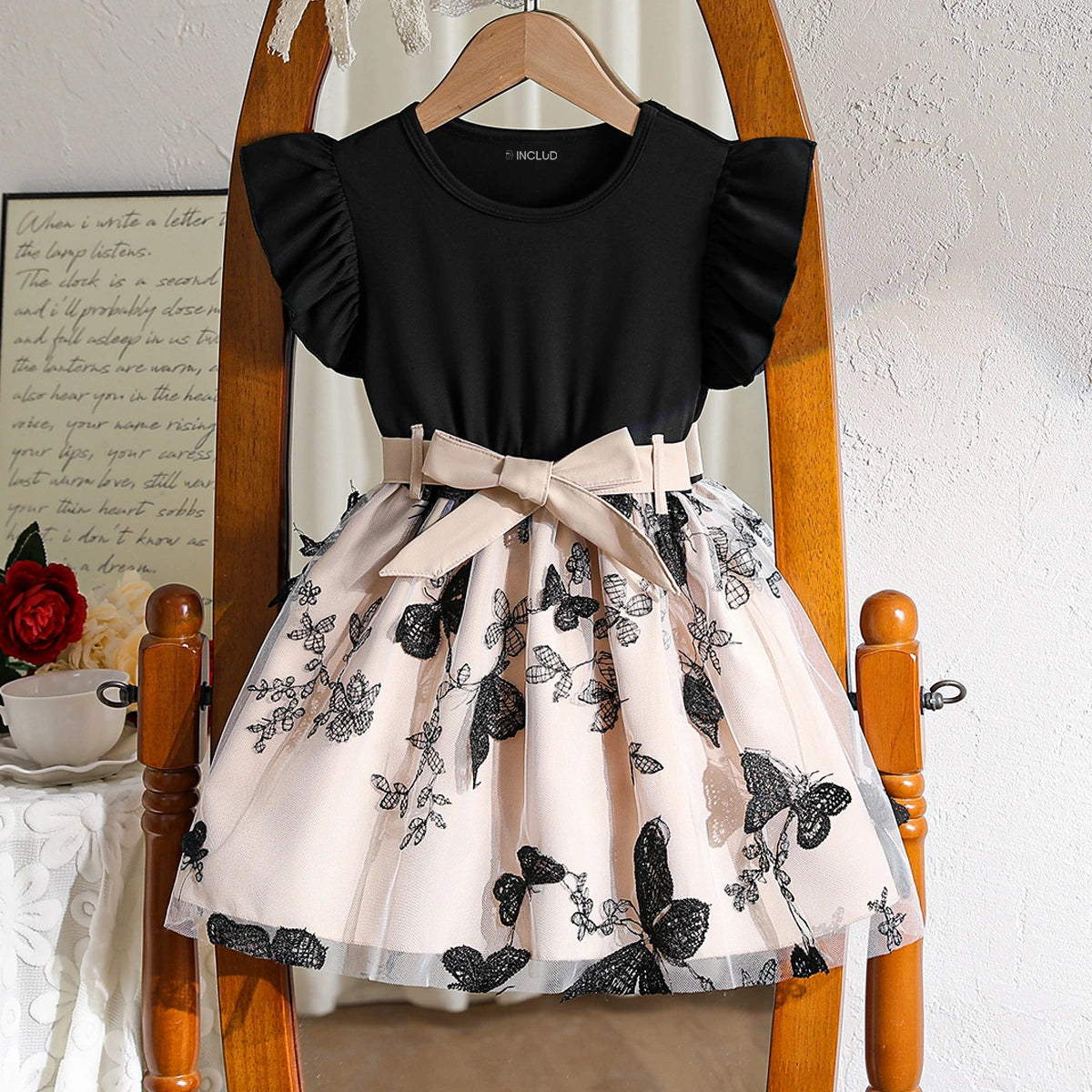 Girls Black Embroidered Tulle Overlay Fit & Flare Dress Casual Dresses Black 3-4 Y