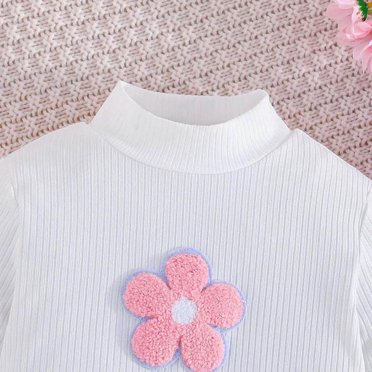 Girls Floral Applique Long Sleeve Top & Pink Skirt Sets Sets