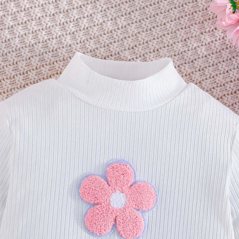 Girls Floral Applique Long Sleeve Top & Pink Skirt Sets Sets