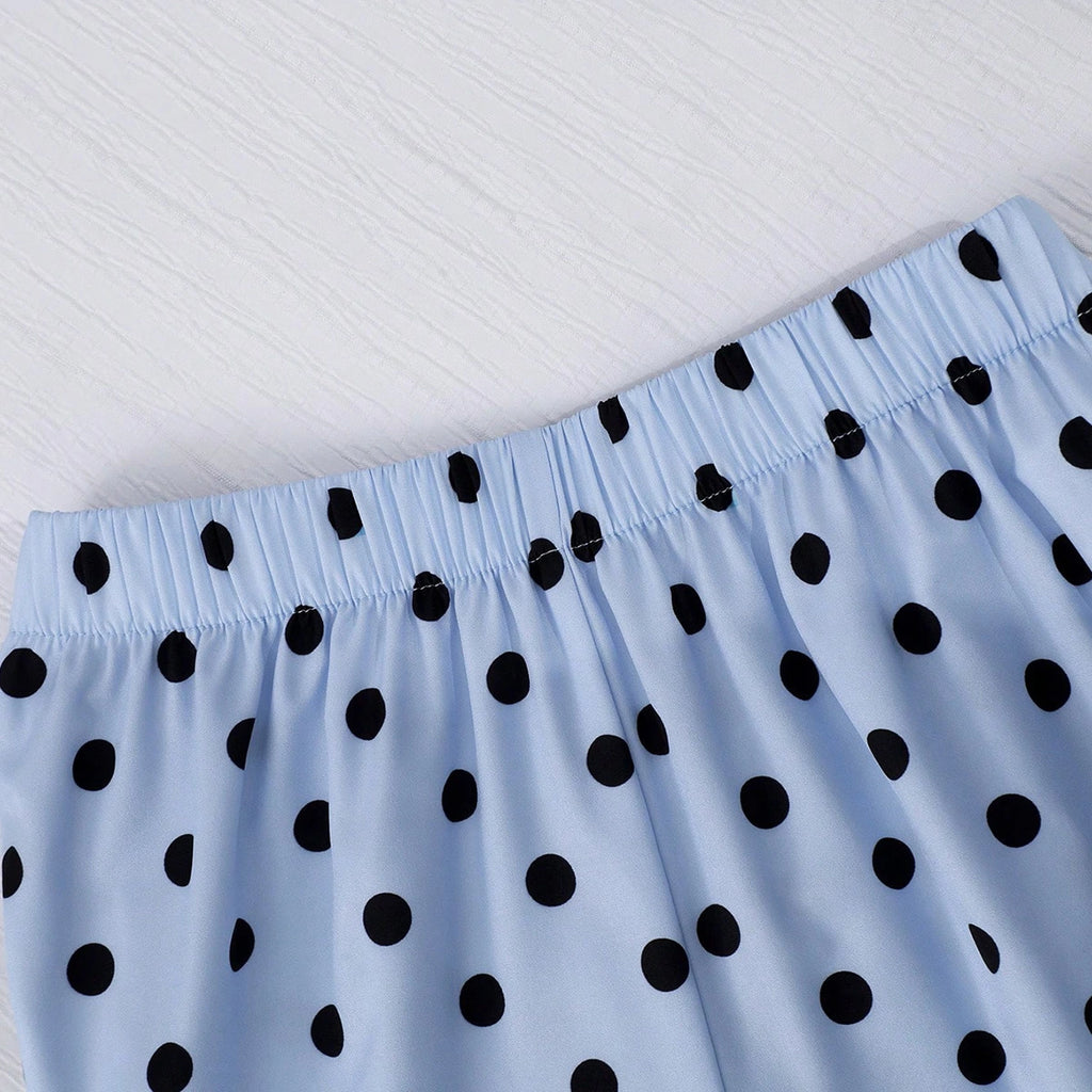 Girls Blue Sleeveless Top With Polka Dot Print Flared Pants Sets Sets
