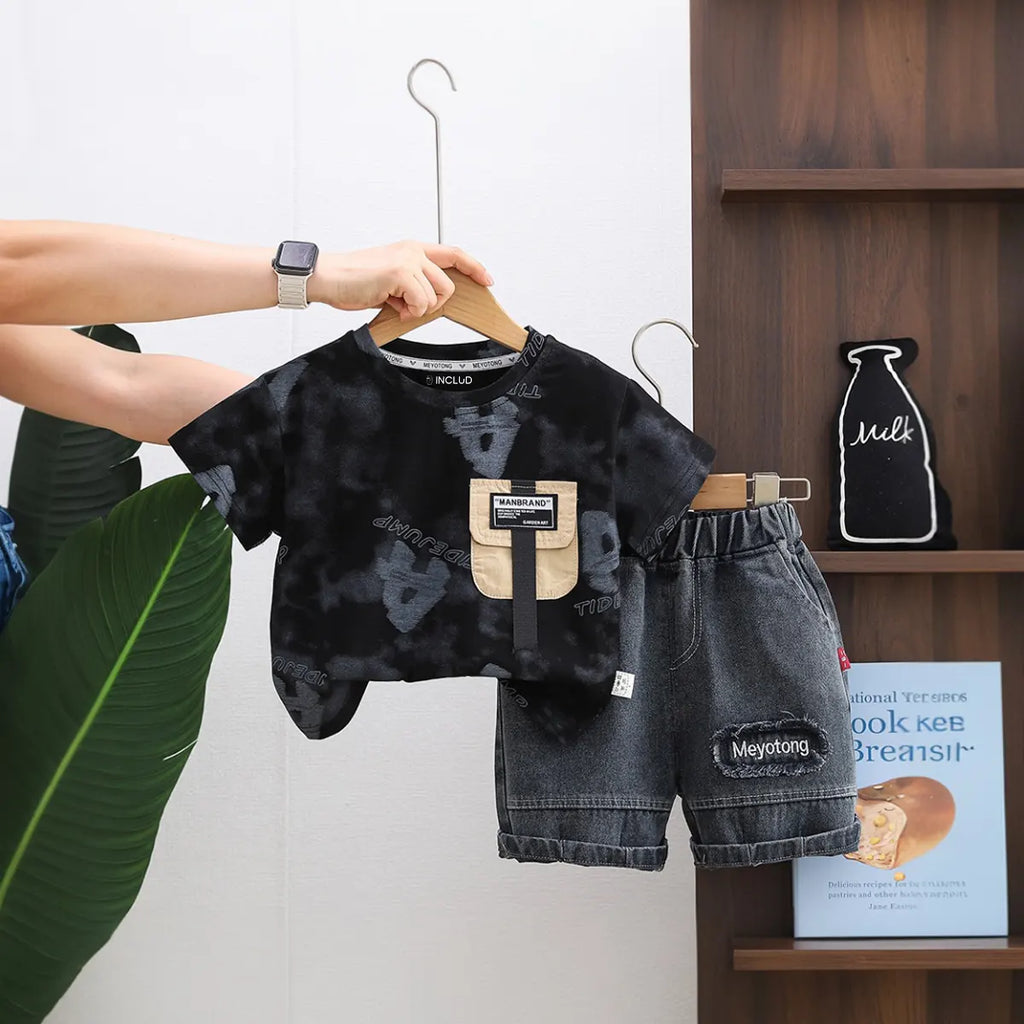Boys Black Typographic Print Short Sleeves T-Shirt With Denim Shorts Set Sets Black 1-2 Y