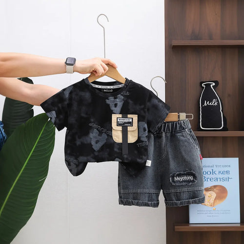 Boys Black Typographic Print Short Sleeves T-Shirt With Denim Shorts Set Sets Black 1-2 Y