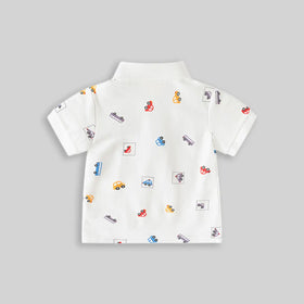 Boys White Short Sleeve Car Printed Polo T-Shirt Tshirts