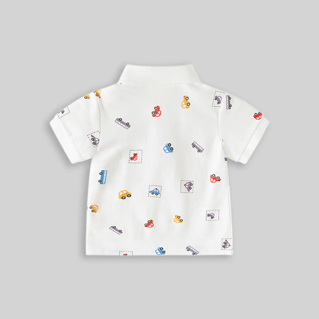 Boys White Short Sleeve Car Printed Polo T-Shirt Tshirts