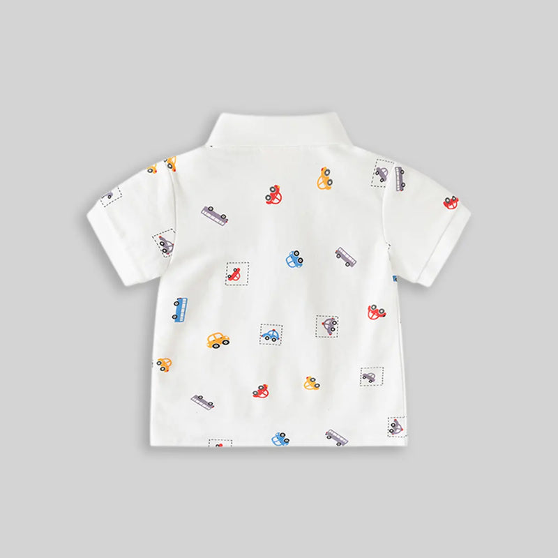 Boys White Short Sleeve Car Printed Polo T-Shirt Tshirts