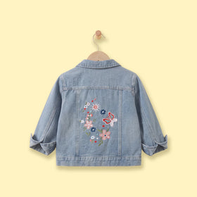 Girls Light Blue Floral Embroidered Denim Jacket Coats & Jackets
