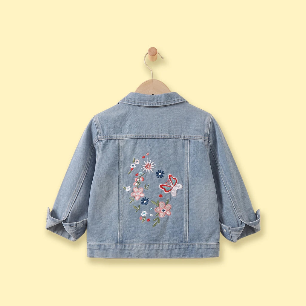 Girls Light Blue Floral Embroidered Denim Jacket Coats & Jackets