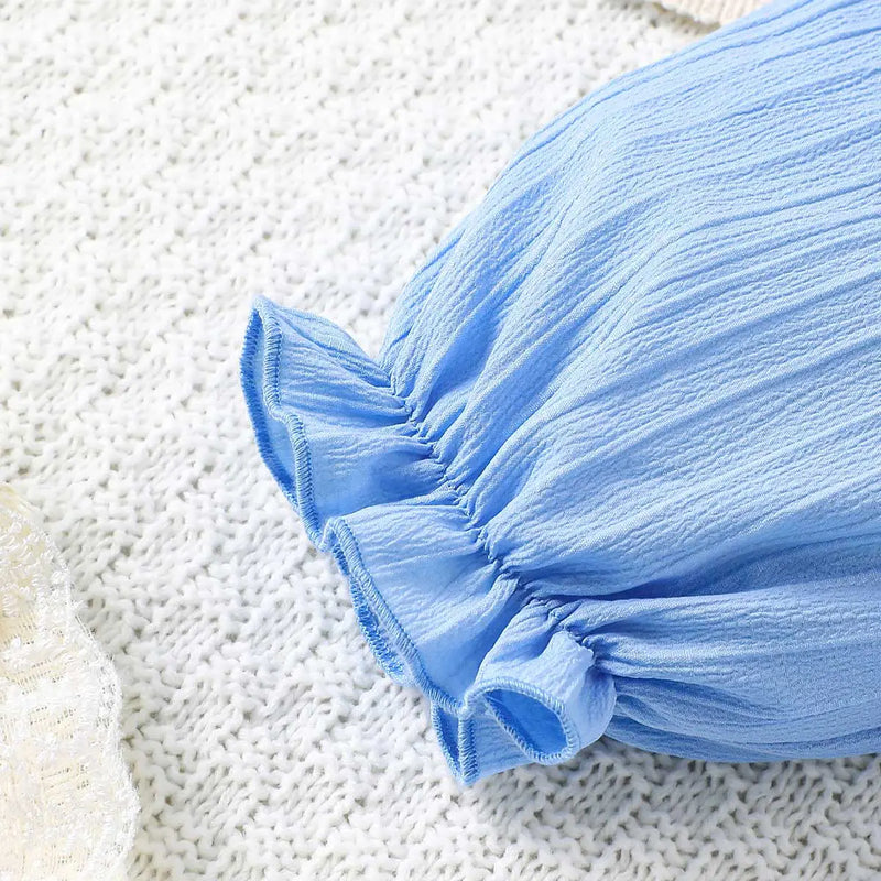 Girls Light Blue Textured Ruffled Long Sleeve Dress with Floral Appliques Casual Dresses